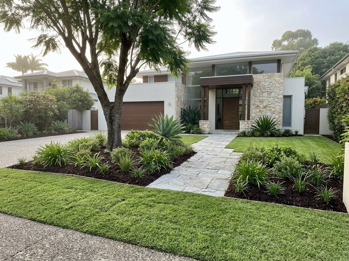 The same Buderim front garden after soft landscaping with layered natives and new lawn
