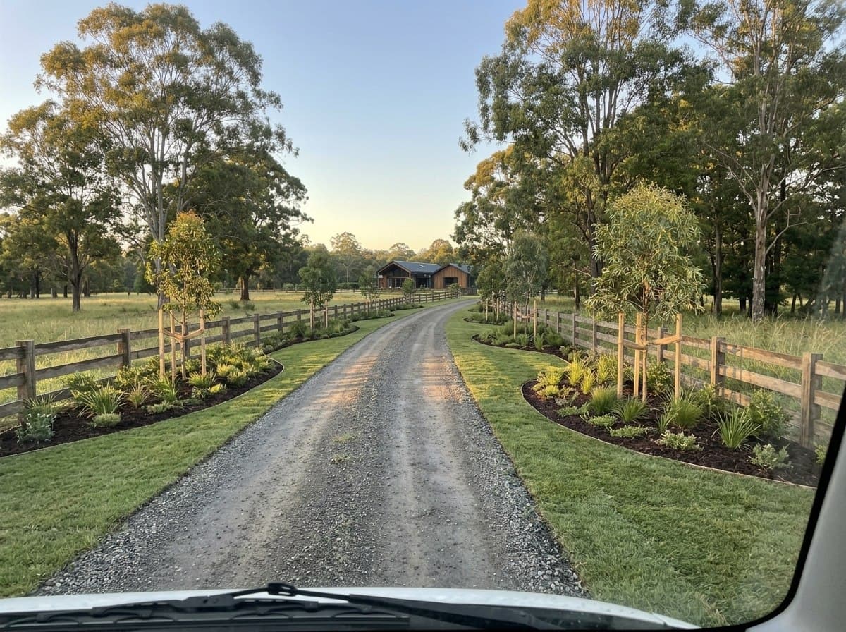 The same Doonan driveway lined with mass planted natives and feature trees