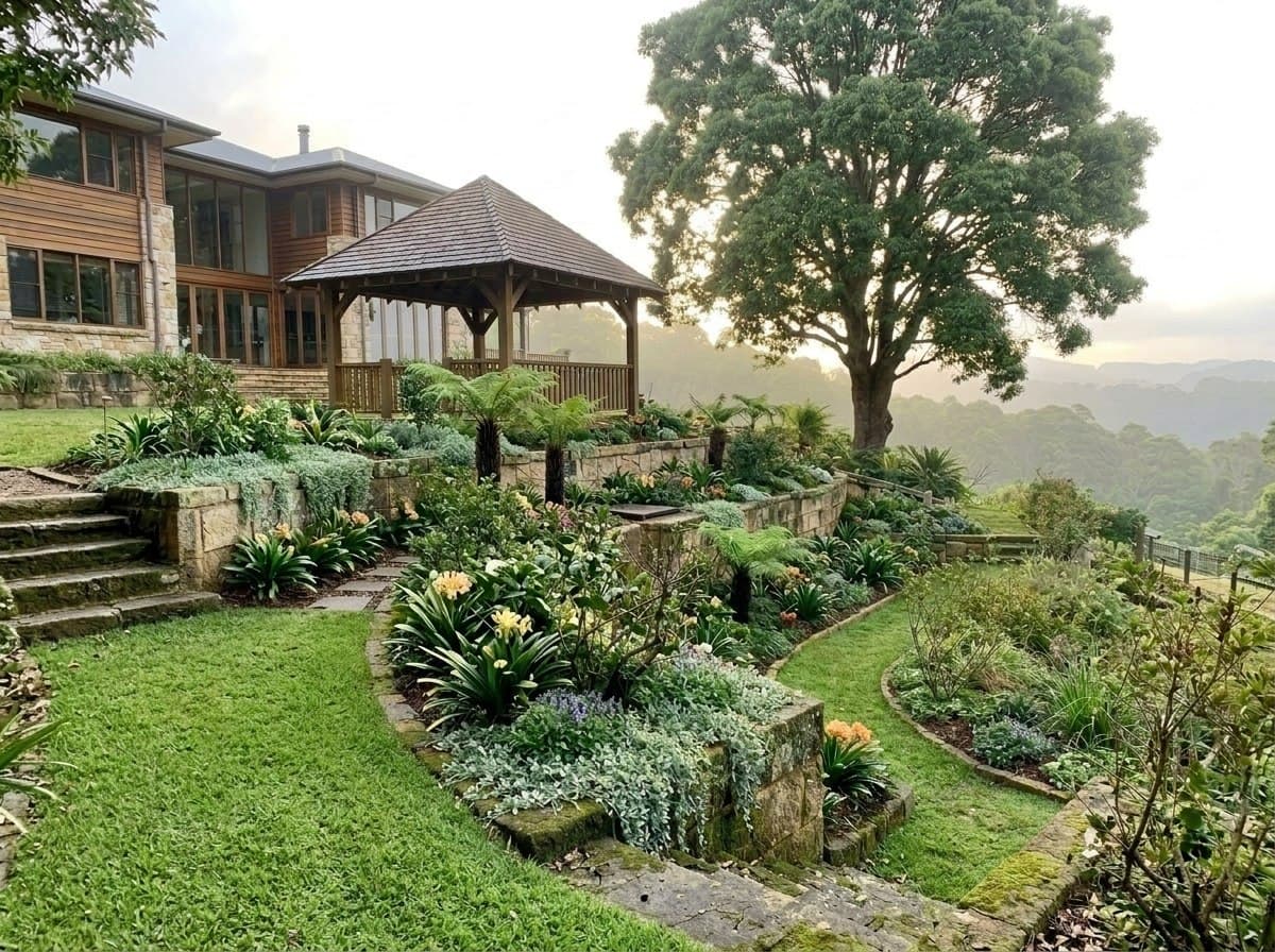 The same Montville terraces rebuilt and replanted with layered hinterland planting