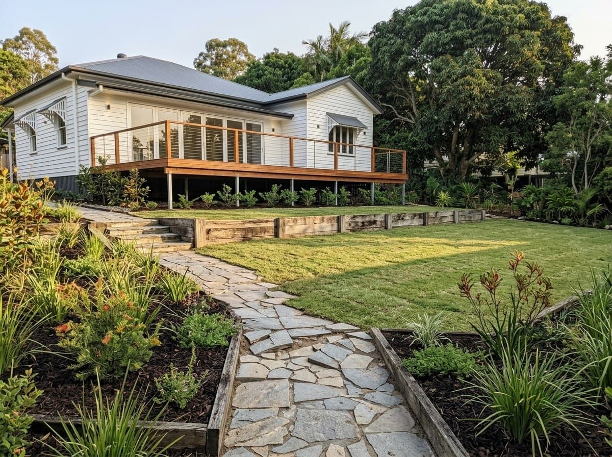 The same Nambour backyard with new lawn and replanted fence line beds